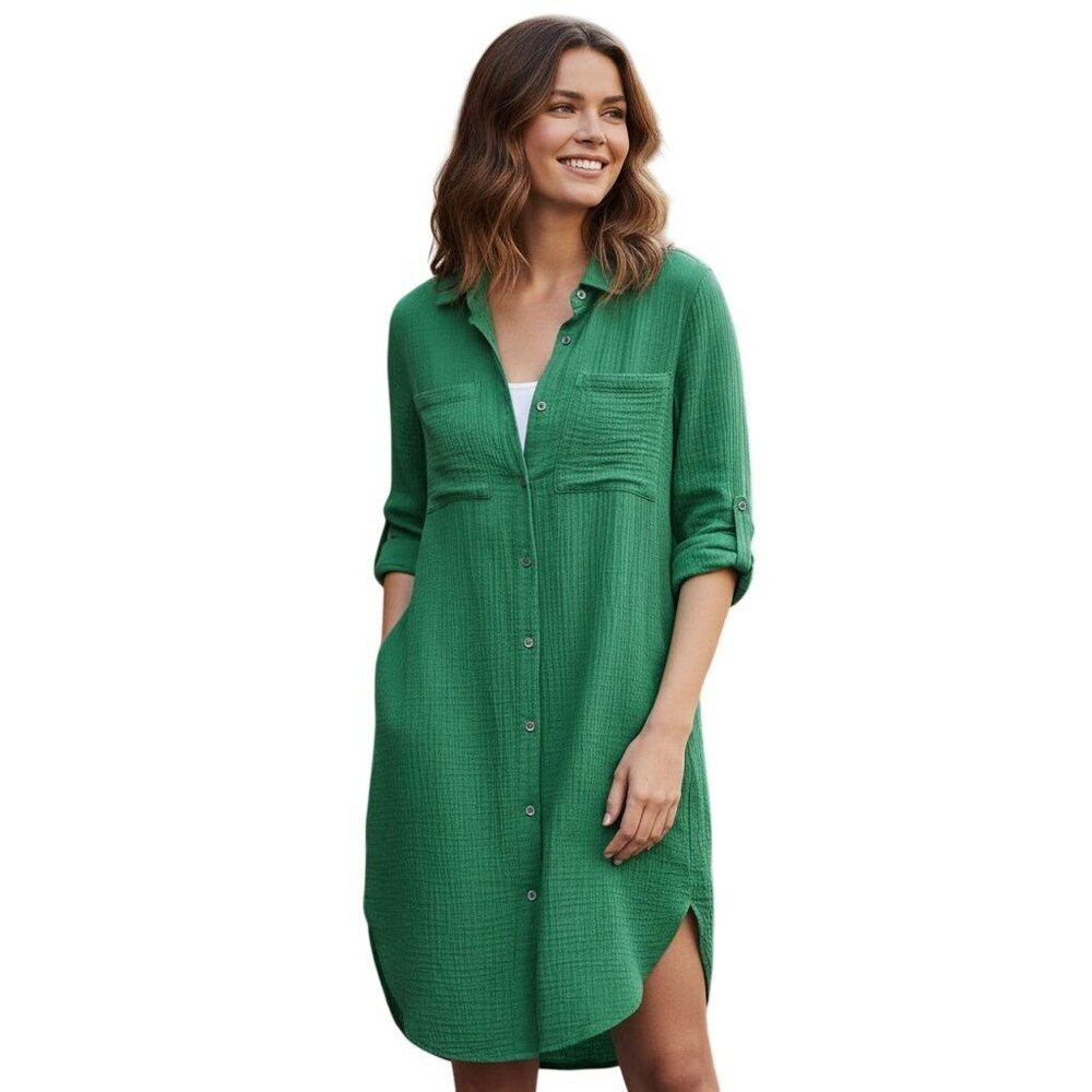 Magaschoni Organic Cotton Sustainable Gauze Green Shirt Dress Size M